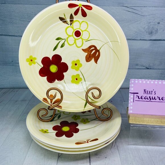 Gibson GID438 Retro 70's Floral Muticolored Ceramic Beige Dinner Plates Set of 4 - Picture 1 of 16